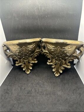 1978 Homco Gold Wall Planters Shelves Set of 2 Fleur-De-Lis Flower